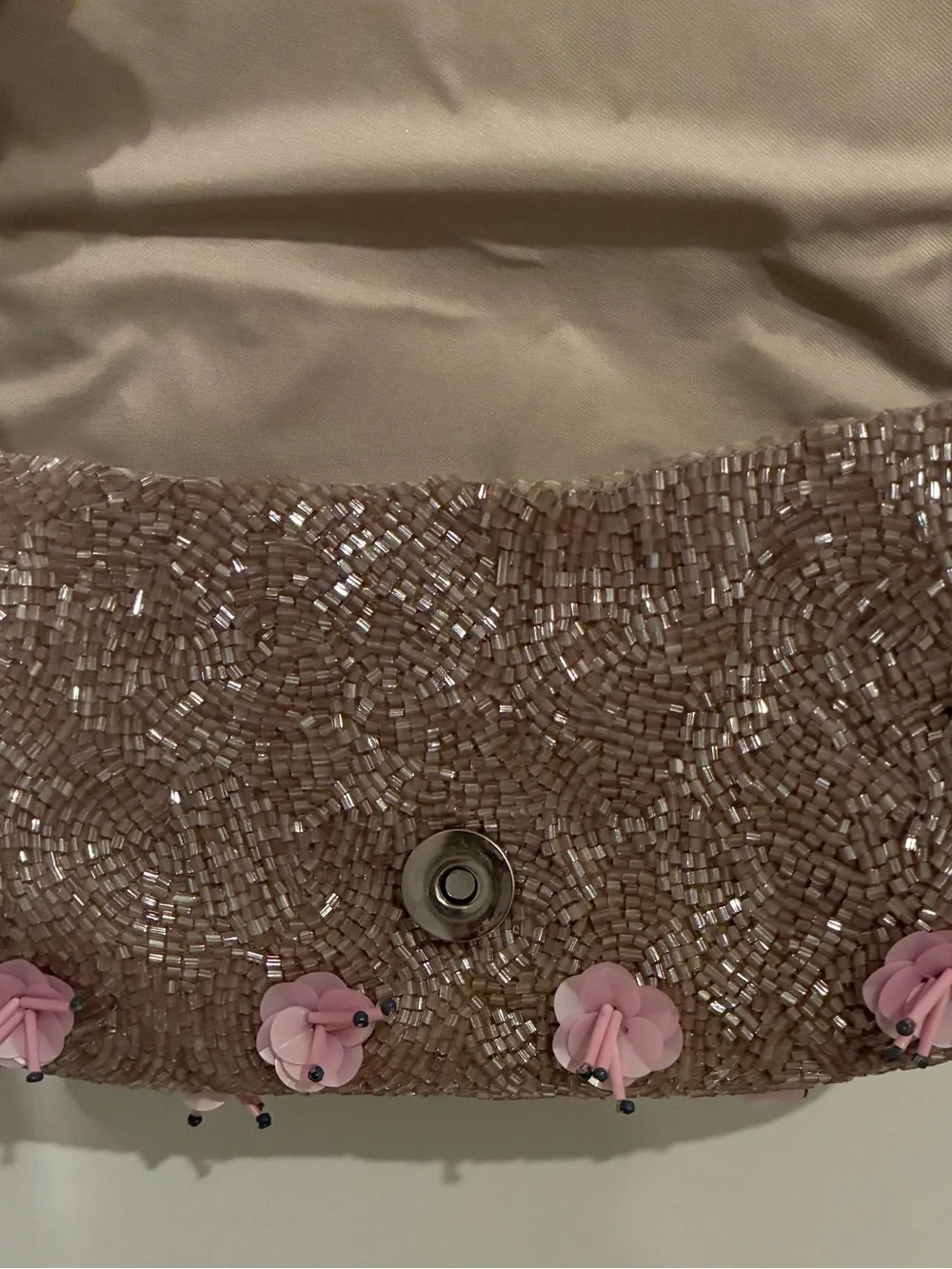 Beaded Floral Clutch Taupe/Pink Silver Chain Strap Snap Lined
